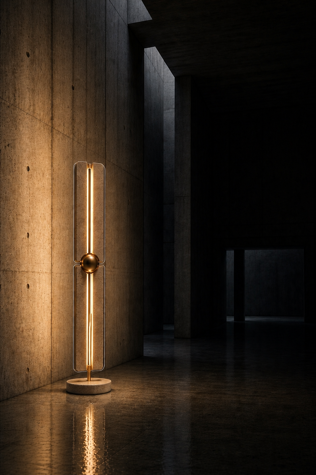 CORE vertical light against a dark architectural wall.