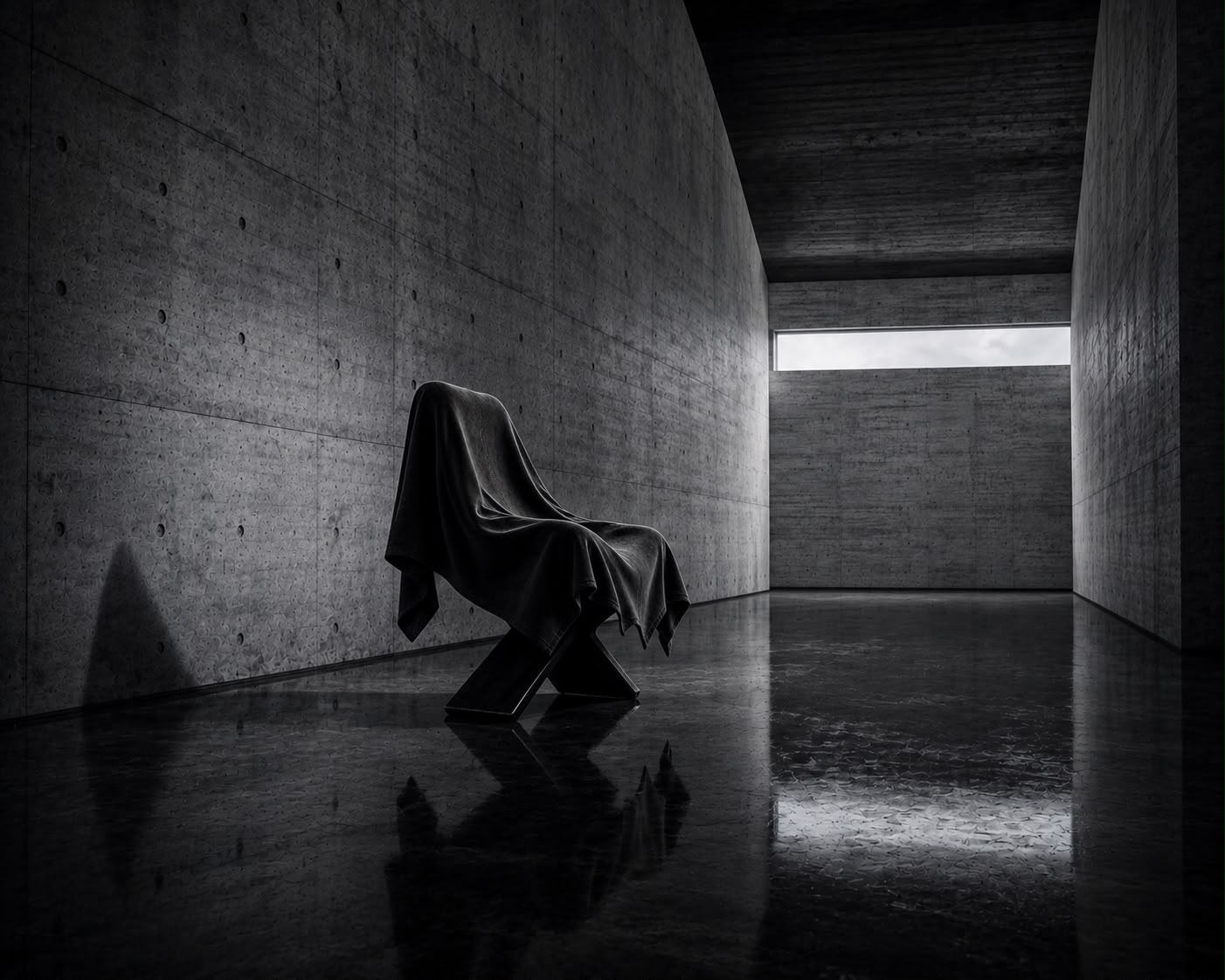 DRAPE veiled sculptural chair in a concrete corridor