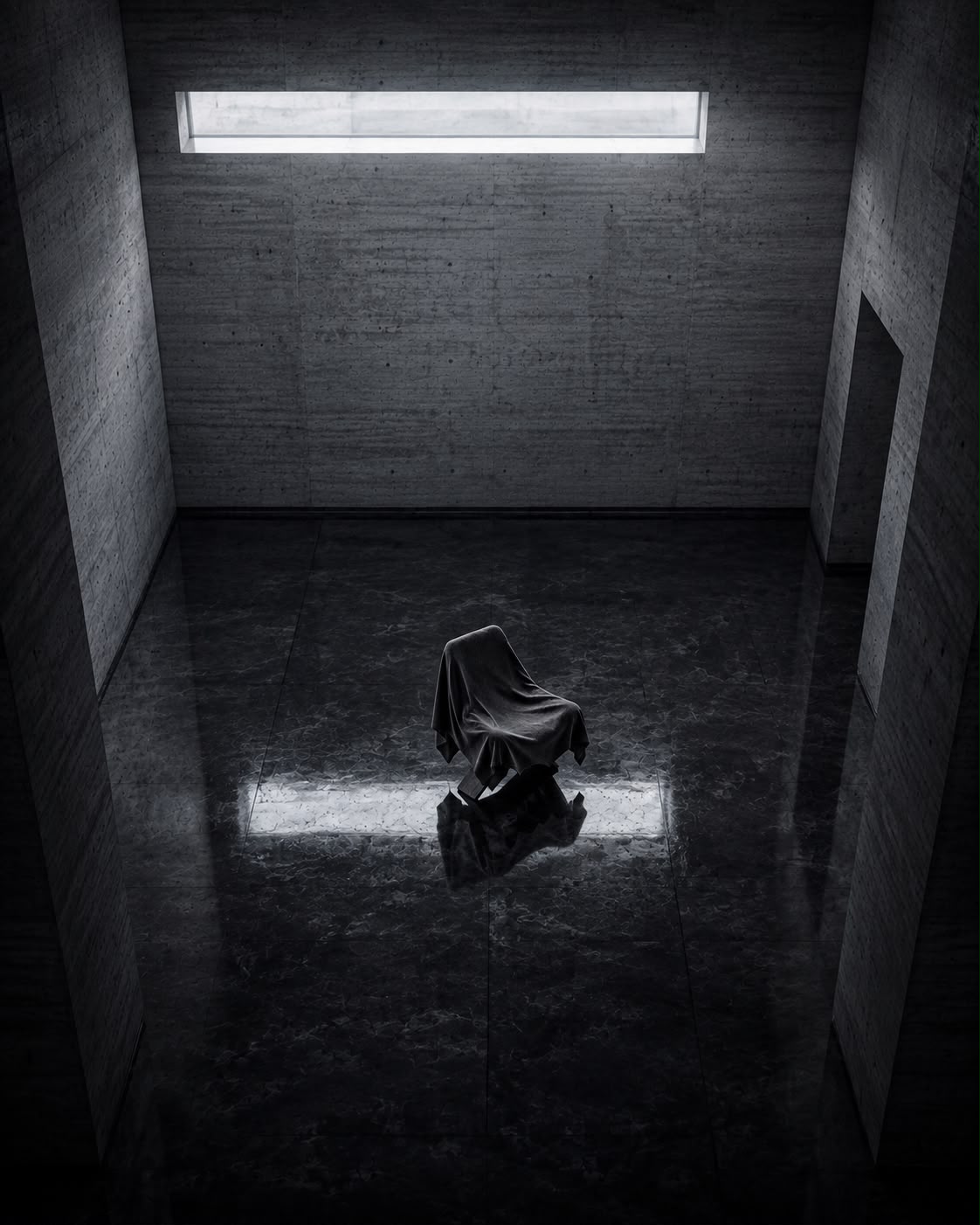 DRAPE veiled chair seen from above in a dark architectural chamber