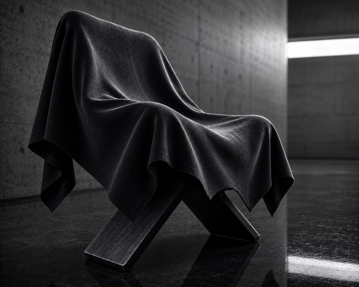 DRAPE close view of veiled sculptural chair and black cloth surface