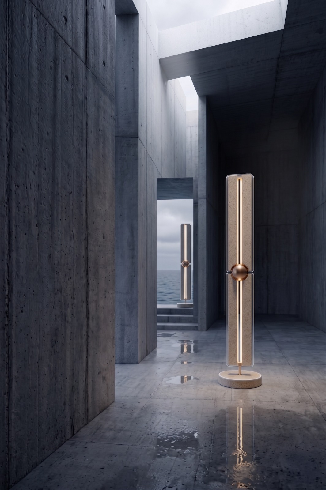 CORE vertical light in a concrete architectural corridor.