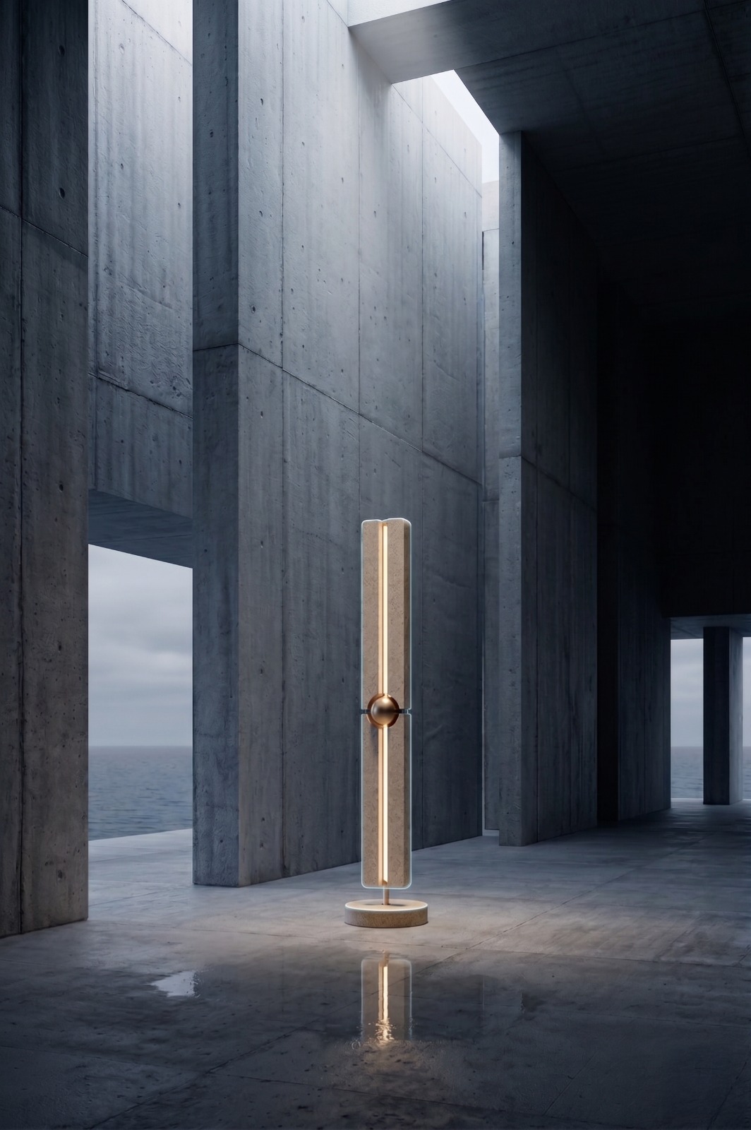 CORE vertical light standing inside a quiet concrete passage.