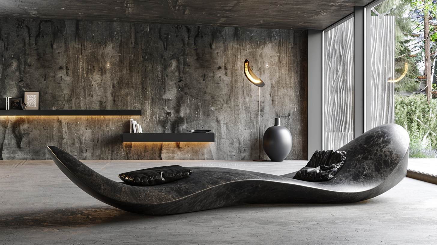 The ECNA EON sculptural chaise lounge held in a dark architectural interior.