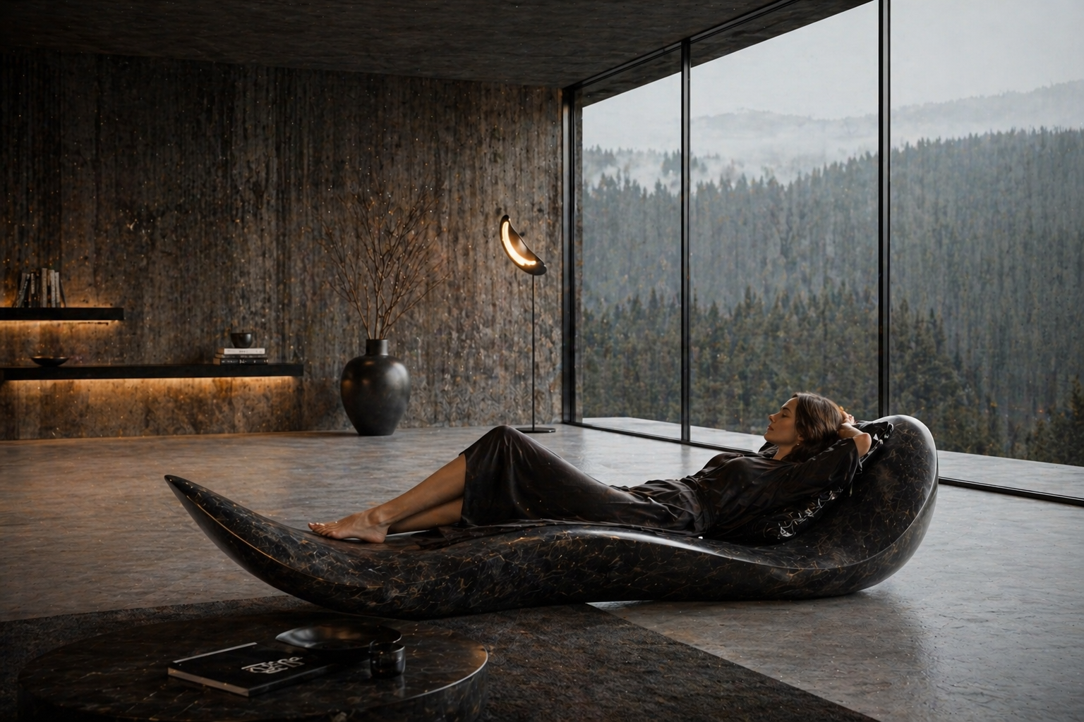 The ECNA EON chaise with a human lying quietly on it.
