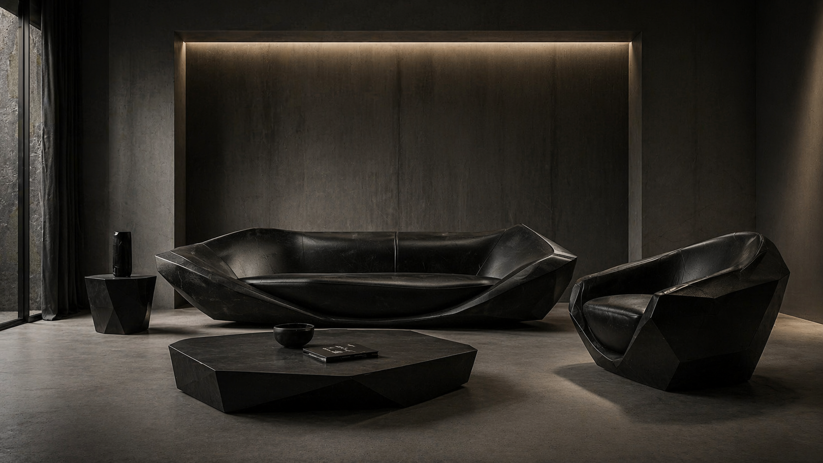 The ECNA MONOLITH set with sofa, chair, and table in a dark room.