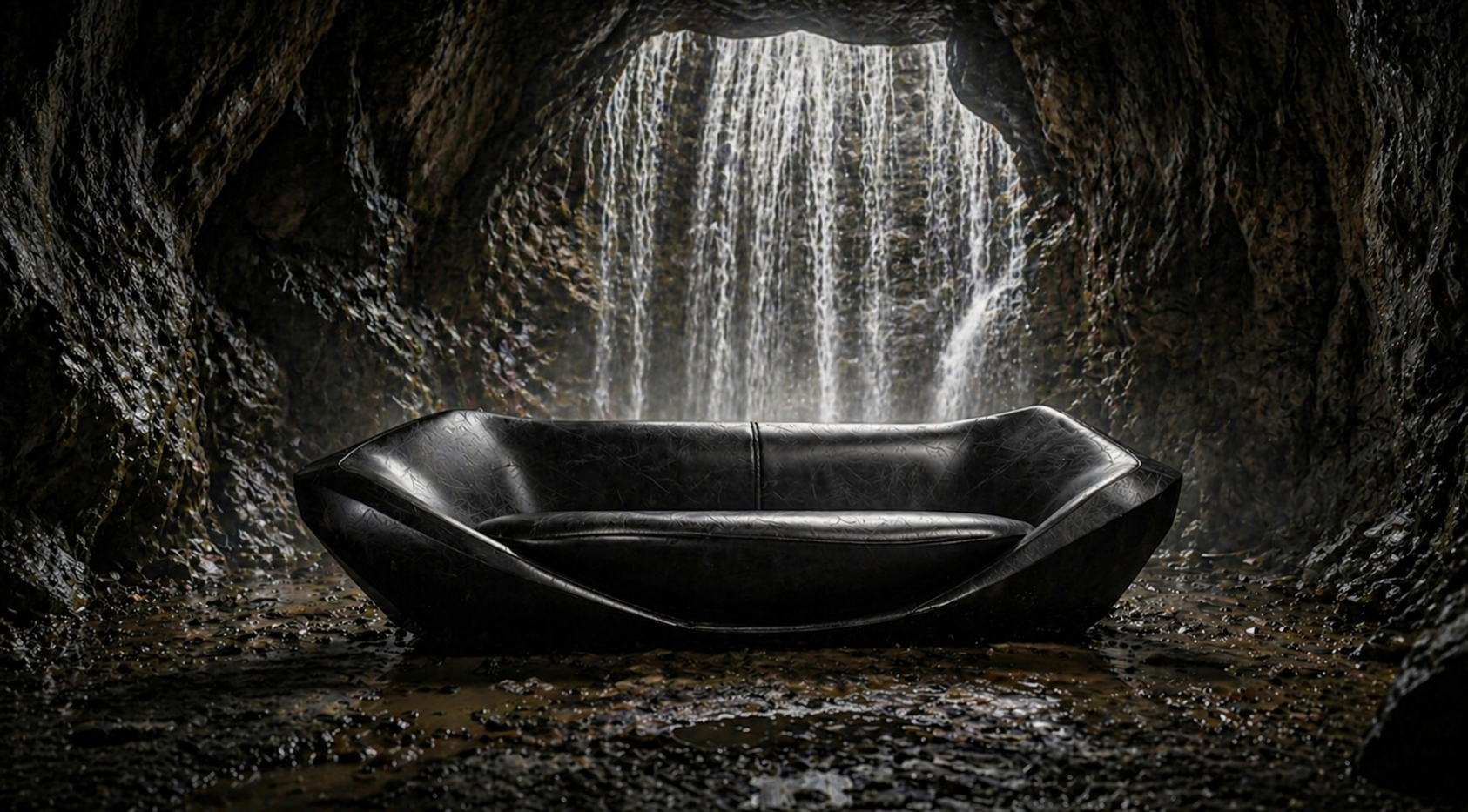 A sculptural form inside a dark cave with falling water.