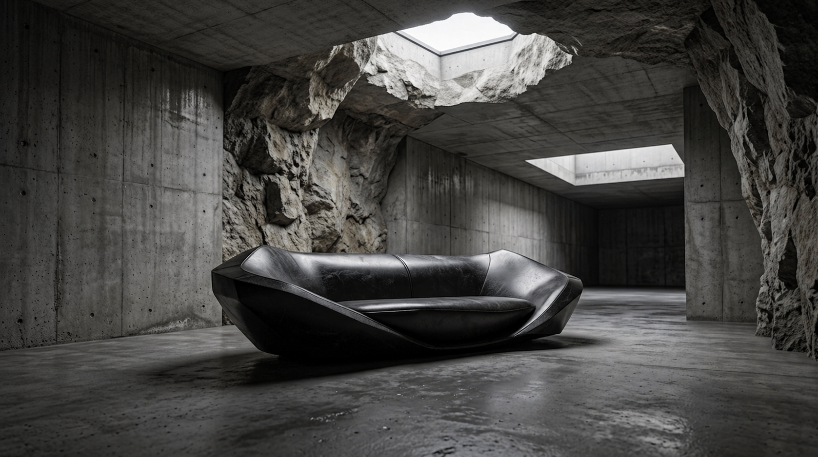 A sculptural black form between raw stone and concrete architecture.