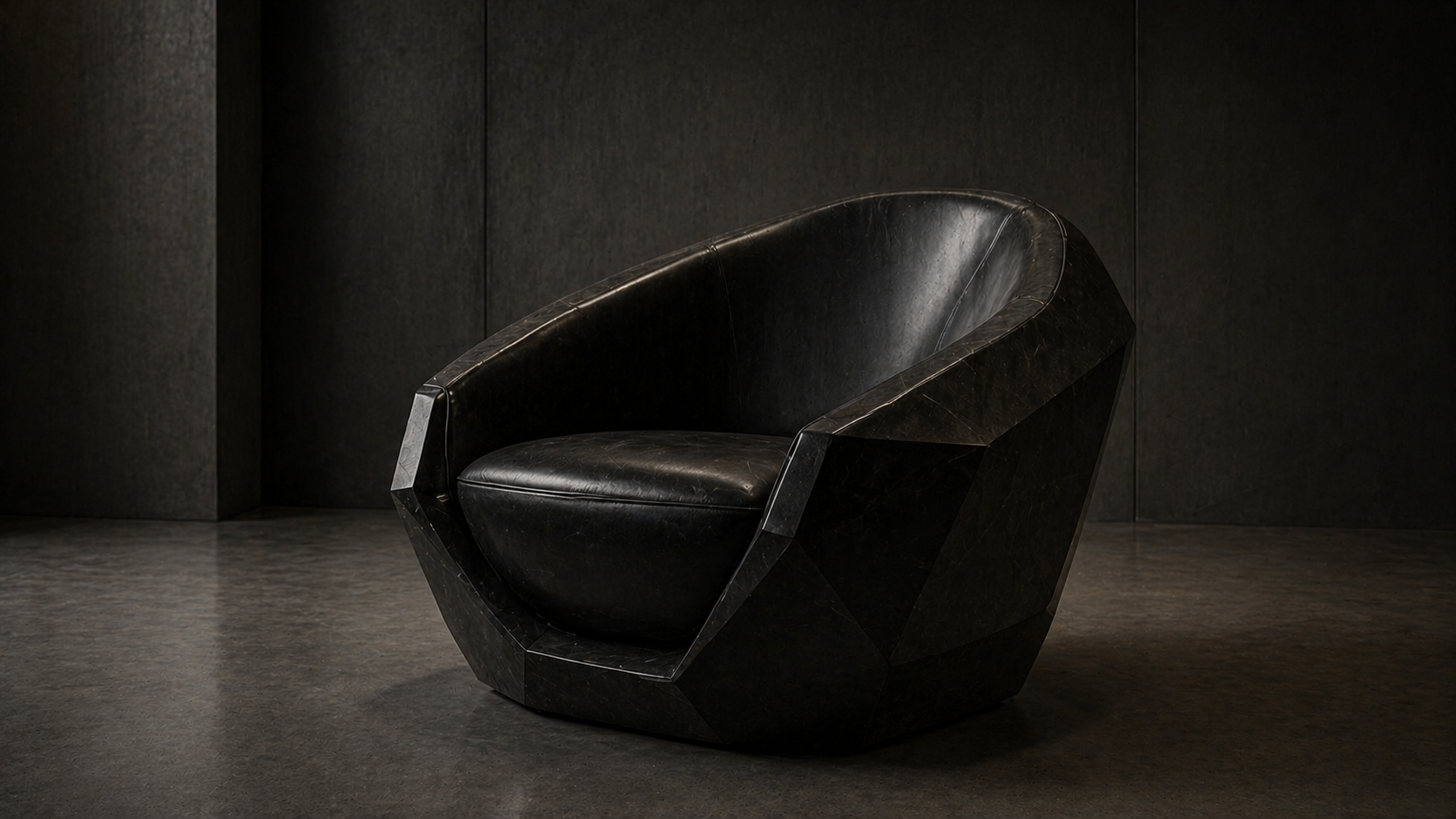 The ECNA MONOLITH armchair in dark architectural light.