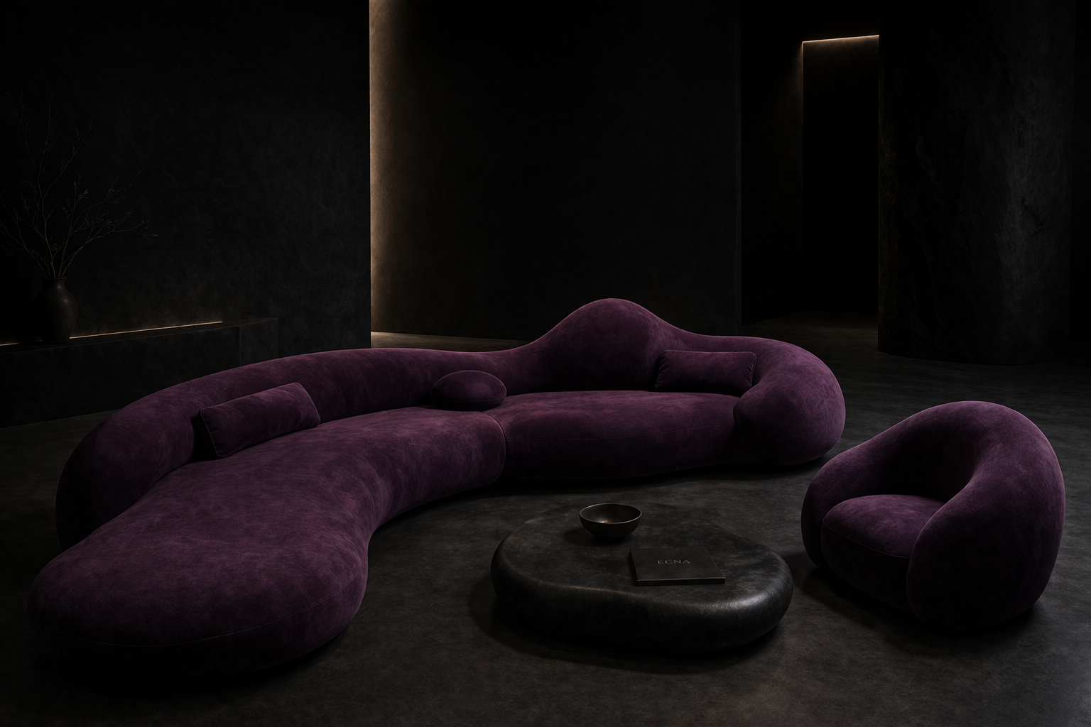 NOX corner sofa and lounge chair in a dark architectural room.
