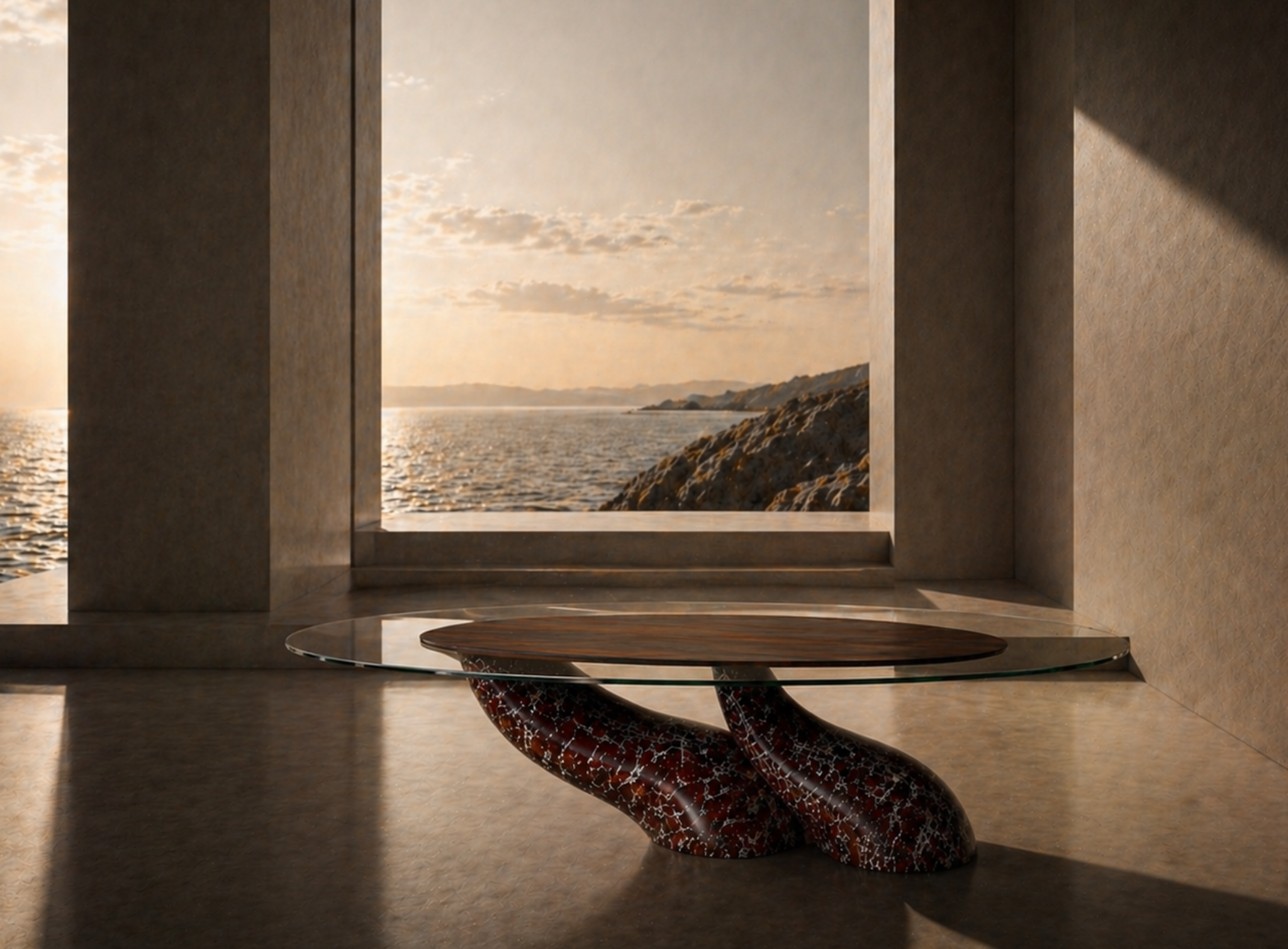 ARC sculptural object in warm architectural light facing the sea.