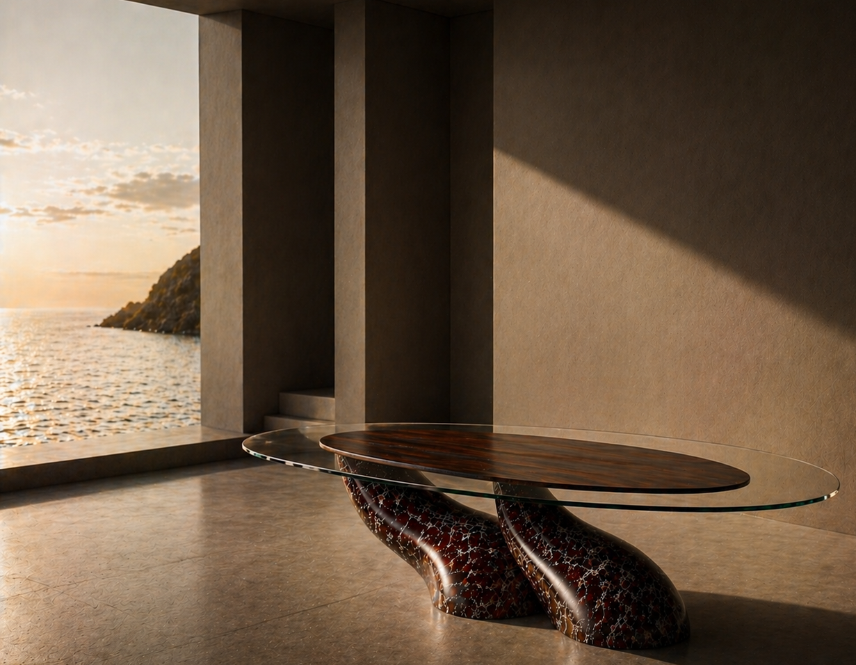 ARC sculptural object in warm architectural light by the sea.