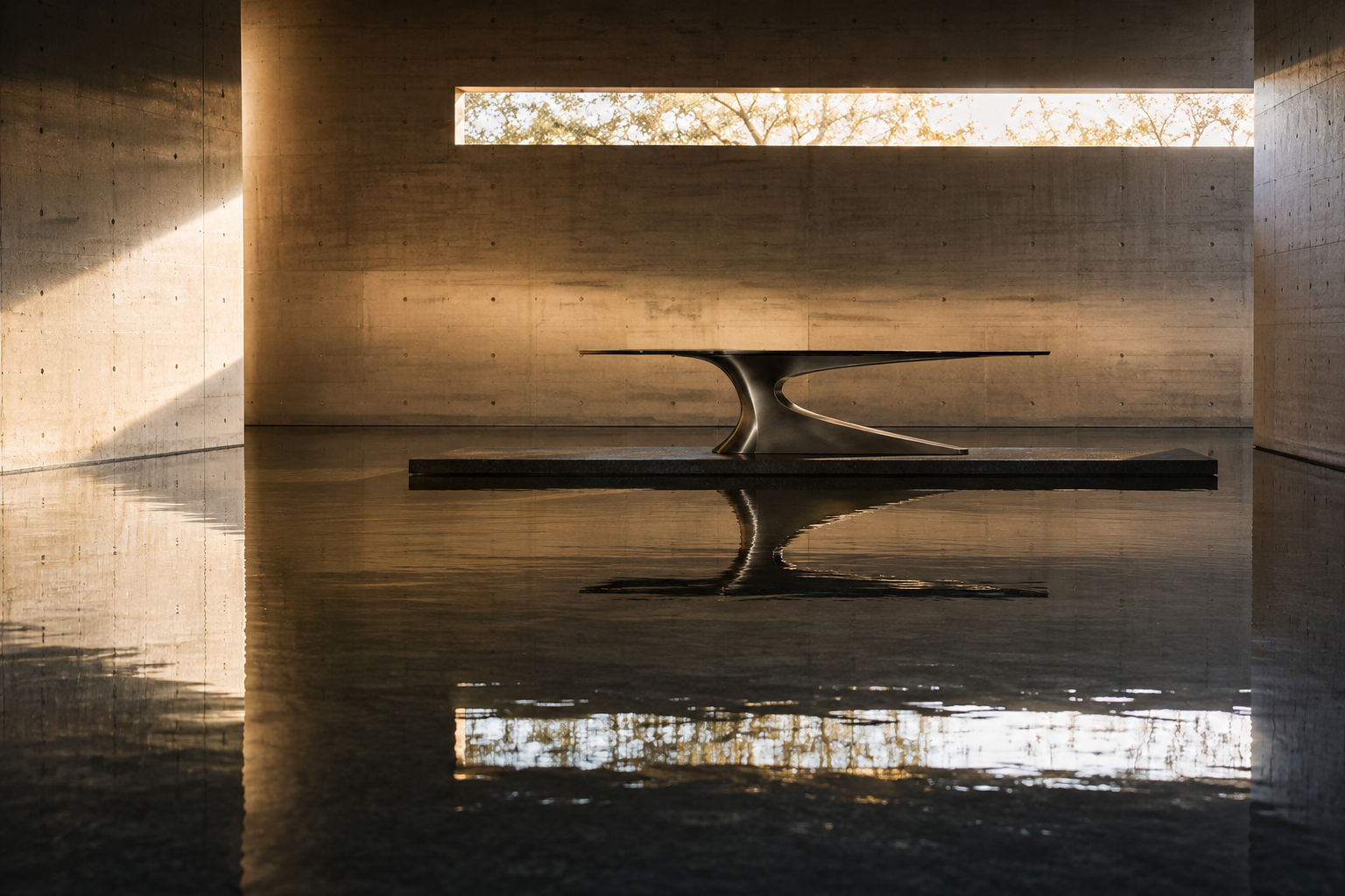 SPAR architectural table in a concrete gallery with water reflection