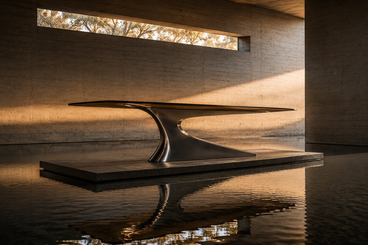 SPAR table balanced over a reflective architectural surface